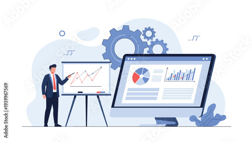 Professional businessman gives a presentation using a whiteboard and a large computer monitor displaying colorful financial data charts.