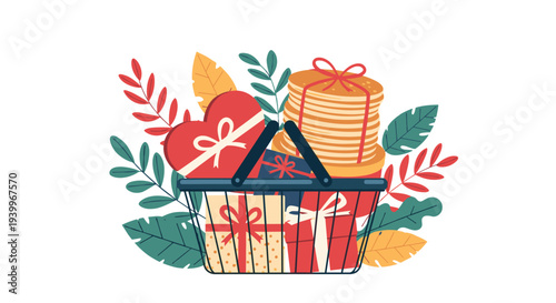 Wire shopping basket overflowing with wrapped gift boxes and a heart shaped present surrounded by colorful tropical leaves.