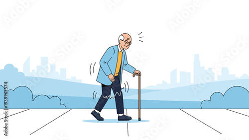 Elderly man with glasses and a walking cane takes a slow stroll through a park with a modern city skyline visible in the distance.