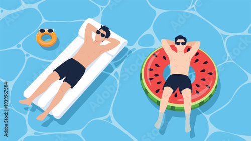 Two men relax while floating in a blue swimming pool on a white rectangular mat and a fun watermelon patterned inner tube.