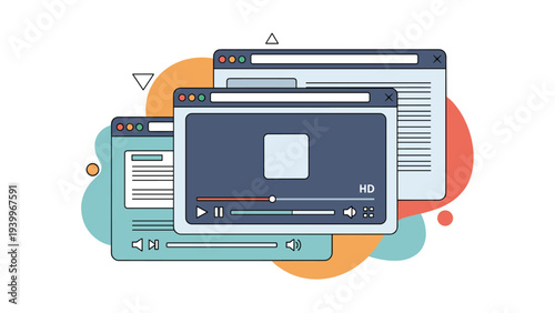 Stacked digital browser windows displaying video content with play buttons and text articles representing modern online media consumption.