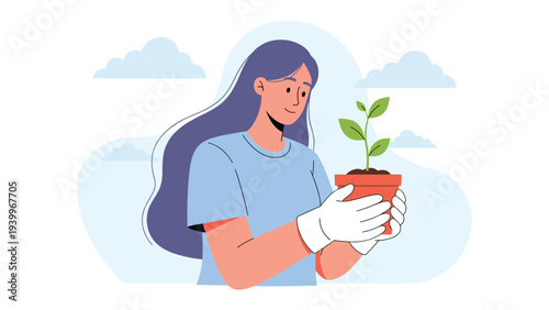 Young woman wearing white gardening gloves holds a small potted plant with fresh green leaves against a soft blue cloudy sky.