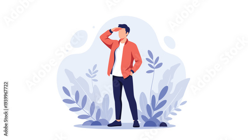 Man in a red jacket stands among stylized blue plants and looks toward the horizon while shading his eyes with his hand.