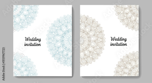 Set of two wedding invitation templates featuring intricate blue and gold mandala designs on a clean white background layout.