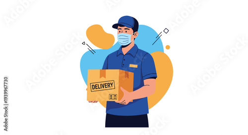 Delivery man wearing a blue uniform and medical face mask holding a cardboard box while providing safe shipping service for home.