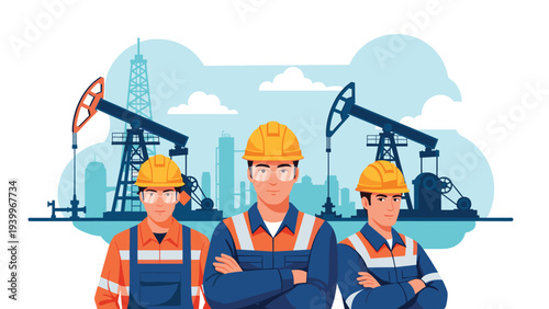 Group of professional petroleum engineers and oil industry workers standing in front of a refinery with pump jacks and tall derricks.