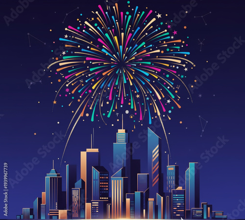Vibrant fireworks exploding above a cityscape with skyscrapers at dusk from a low angle viewpoint