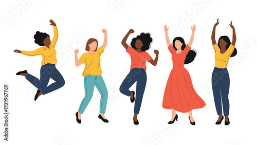 Diverse group of happy women jumping in the air and celebrating success or freedom against a plain white background.