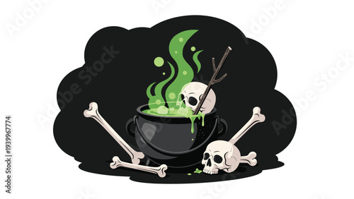 Spooky halloween scene featuring a black bubbling cauldron with green liquid surrounded by human skulls and bones.