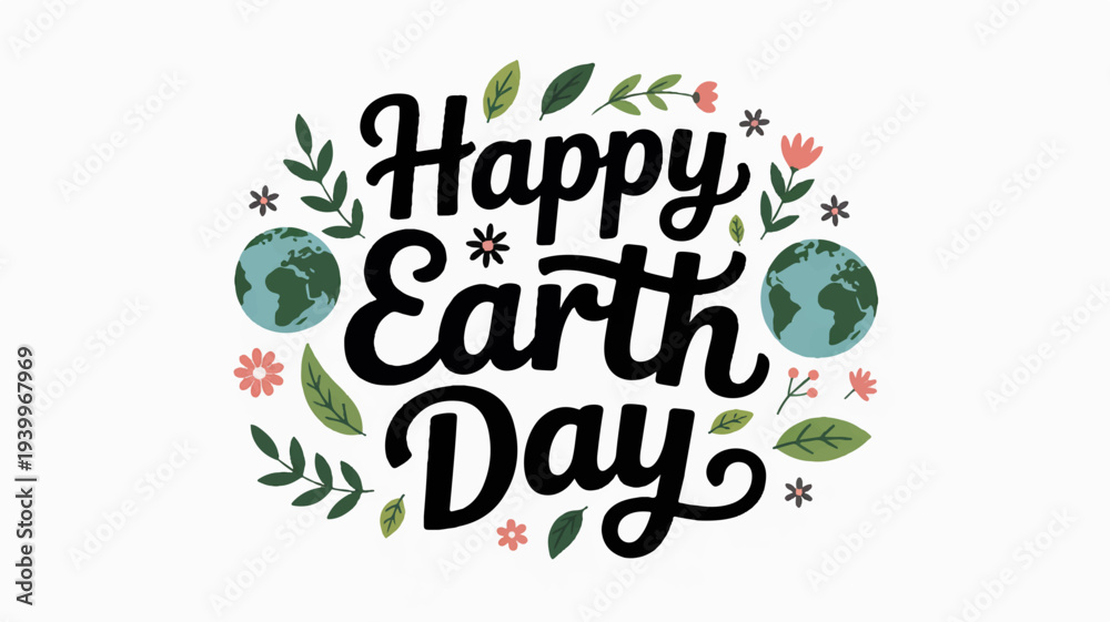 Fototapeta premium Happy earth day eco friendly greeting with globe and leaves on white background for environmental awareness