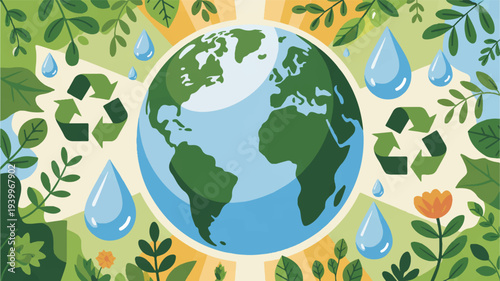Earth surrounded by lush green leaves and water droplets on a sunny background symbolizing environmental conservation and sustainability