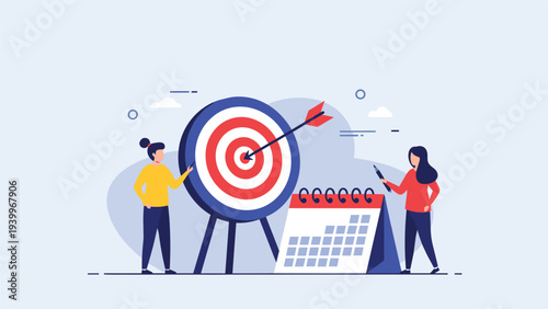 Business women planning their goals with a large bullseye target and a desk calendar representing deadline and strategy.