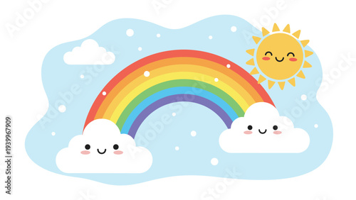 Colorful rainbow arching between two cute smiling clouds with a happy sun shining in a blue sky with white dots.