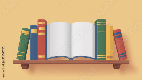 Colorful bookshelf with open book and various books education and learning concept on a simple background