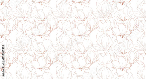 Elegant seamless pattern of magnolia flower line drawings in a soft reddish brown color for a sophisticated floral background.