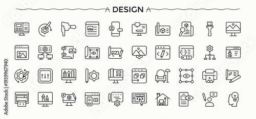 Design vector icon set. Paint icon. Minimal icons set. Contain linear symbols graphic, creative, designer, drawing, artwork, paint and more. Editable stroke.