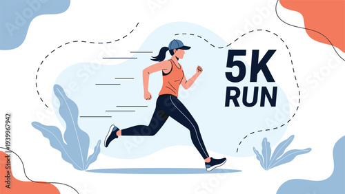Active woman in running gear participating in a 5K run race event with a stylized floral and abstract background.