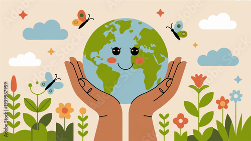 Smiling earth globe held by hands with flowers butterflies and clouds symbolizing eco friendly care and environmental protection