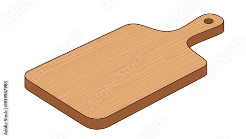 Classic wooden cutting board with a smooth surface and a handle for food preparation in a kitchen environment.
