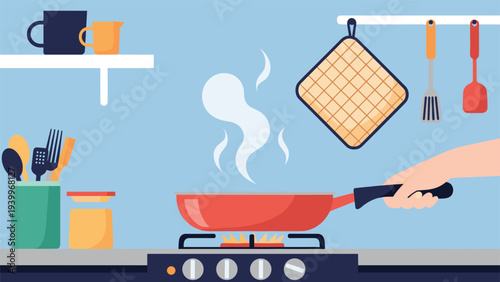 Red frying pan on a gas stove with steam rising from it in a clean and organized modern kitchen interior setting.