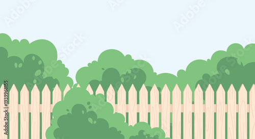 Beautiful garden scene featuring a light colored wooden picket fence surrounded by lush green bushes under a soft blue sky view.