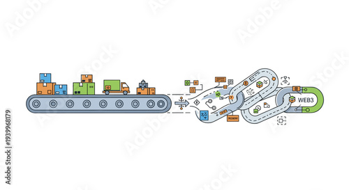 An illustrated conveyor belt carrying boxes and a truck transitions into an intricate blockchain structure labeled WEB3 on a white background.