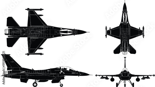 Black silhouette vector illustration set of modern supersonic fighter jets from top side and front view for military aviation aerospace and defense design