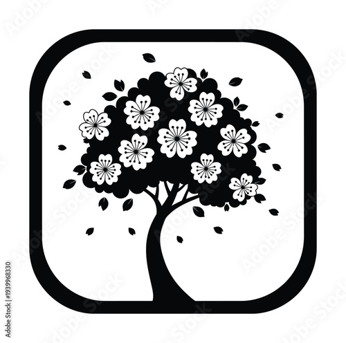 Vector of a tree with blooming flowers and falling leaves enclosed in a rounded square frame