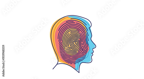 A stylized human head in profile is depicted with a vibrant, multi-colored fingerprint pattern filling its interior against a clean white background.
