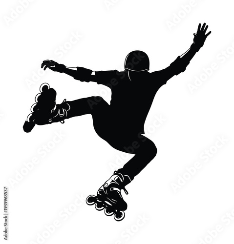 Vector silhouette of a person roller skating with arms raised wearing a helmet and protective gear