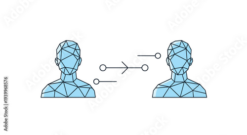 Two light blue polygonal human head busts are facing each other with an arrow and three circles indicating data flow between them on a white background.