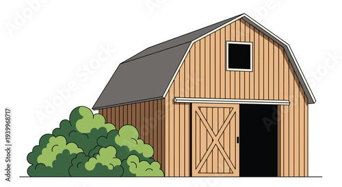 Rustic wooden barn structure with a large sliding door and a small window standing next to green bushes on a white background.