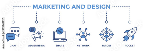 Marketing and Design web banner icon set vector illustration concept consists of Chat, Advertising, Share,Network, Target, Rocket icon live stroke and easy to edit