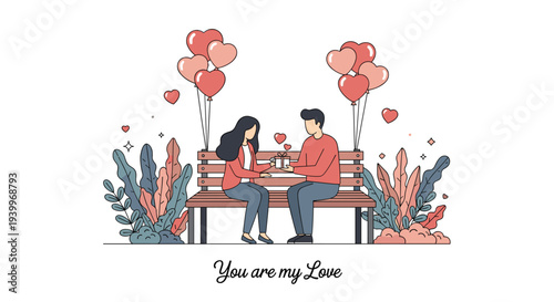 Romantic scene of a couple sitting on a park bench exchanging a gift surrounded by heart balloons and lush foliage.