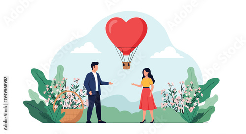 Romantic scene of a couple in a garden with a basket of flowers and a large heart shaped hot air balloon floating above them.