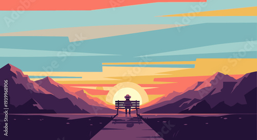 Serene person sitting on a bench watching a vibrant sunset over mountains and a lake, flat illustration