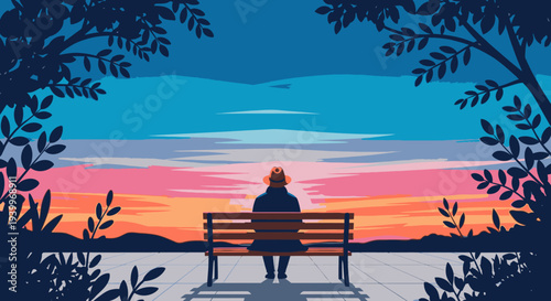 Lonely person sitting on a park bench watching a beautiful sunset over the ocean, feeling contemplative and peaceful.