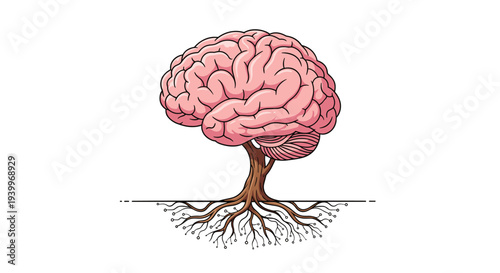 A detailed pink human brain forms the canopy of a tree with a brown trunk and circuit board roots on a plain white background.