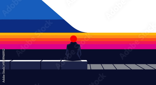 Minimalist illustration of a person sitting alone on a bench, watching a vibrant, abstract sunset with colorful stripes.