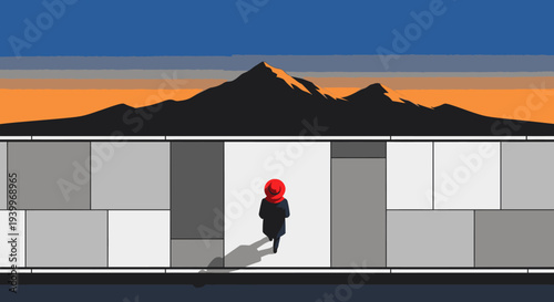 Minimalist illustration of a person in red hat walking towards a mountain landscape at sunset