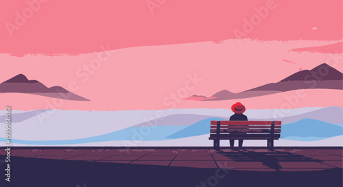 Pixel art illustration of a solitary figure sitting on a bench overlooking a serene ocean and mountains at sunset.