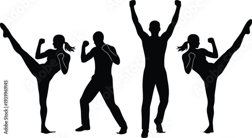 Black Silhouette Vector of Martial Arts Athletes Practicing High Kicks, Boxing Stances, and Victory Celebrations for Karate, Kickboxing, MMA Training, and Fitness Motivation Graphic Designs