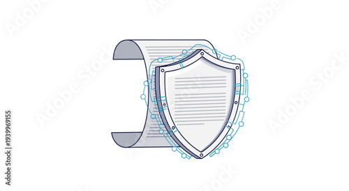 A curled paper document is partially covered by a silver shield with a simple design, surrounded by light blue circuit lines on a plain white background.