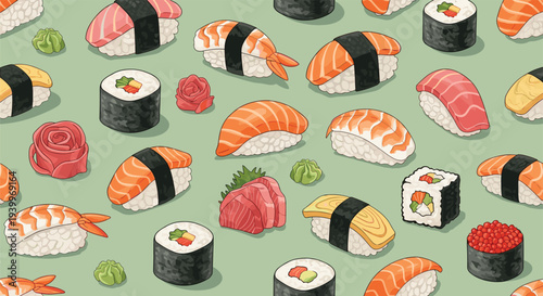 Delicious seamless pattern featuring various types of sushi, maki rolls, ginger, and wasabi on a soft green background for foodies.