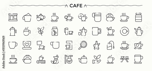 Cafe icon set. Modern thin line style icons. Contains outline symbols like table, shop, drink, food, cafeteria, cafes. Vector collections. Coffee Shop line icon set.