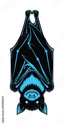 Vector of a blue and black bat hanging upside down with outstretched wings