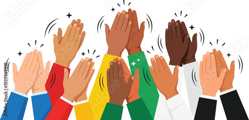 Diverse group of people raising hands together in unity and celebration from a high angle view