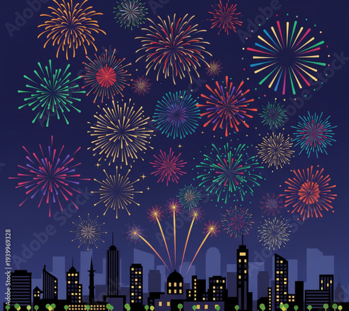 Vibrant fireworks explode above city skyline at dusk, creating a festive atmosphere with colorful displays and urban landscape