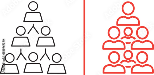Linear vector icons illustrating organizational hierarchy and team structure. Features a black outline version and a vibrant red variation representing leadership and professional management.