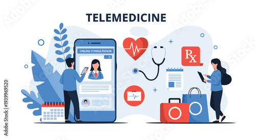 Modern telemedicine concept illustration with patients consulting a doctor via smartphone and various medical icons around.